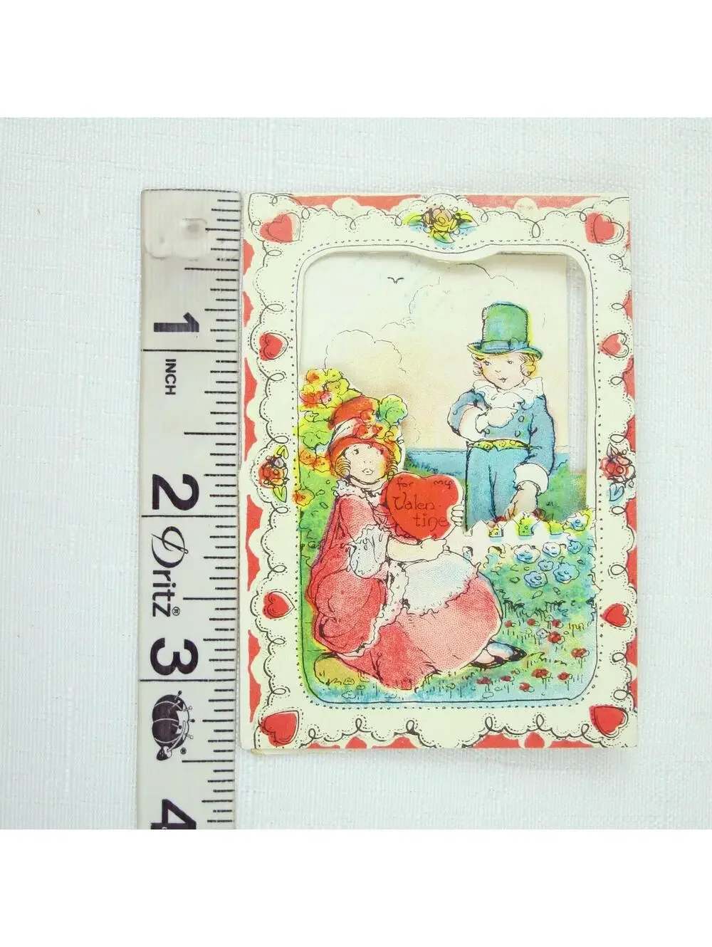Vintage Valentine Die cut Fold 3D Card Cute Girl & Boy Garden 1920s-30s UNSIGNED